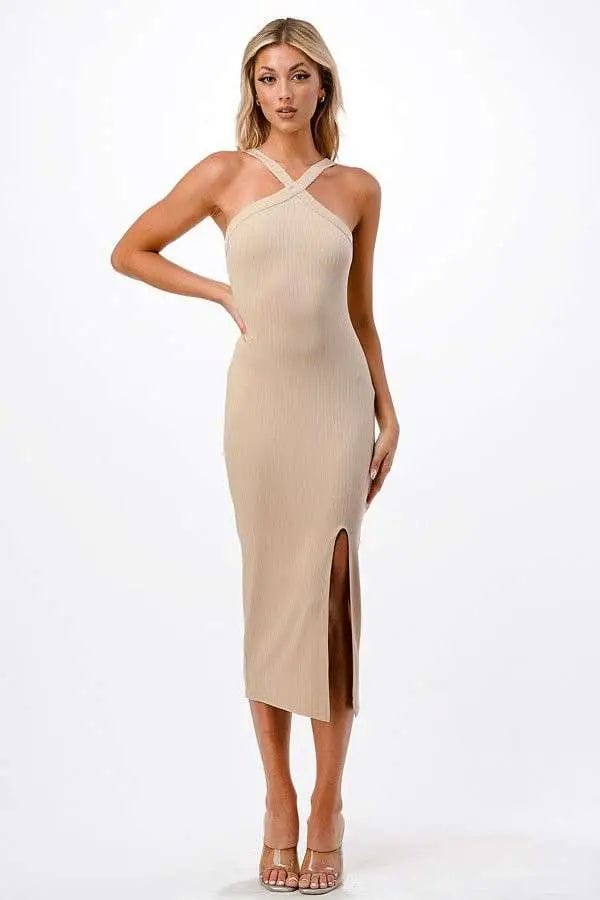 Cross Neck Ribbed Midi Dress